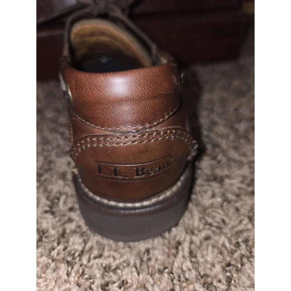 LL Bean Allagash Bison Leather Hand Sewn Boat Shoes Brown Mens Size 7 EE Wide